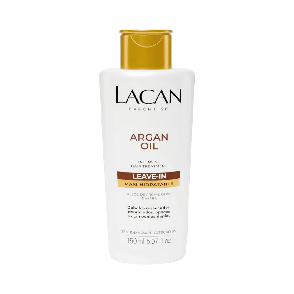 Frasco branco com tampa dourada de Leave-In Lacan Argan Oil 150ml